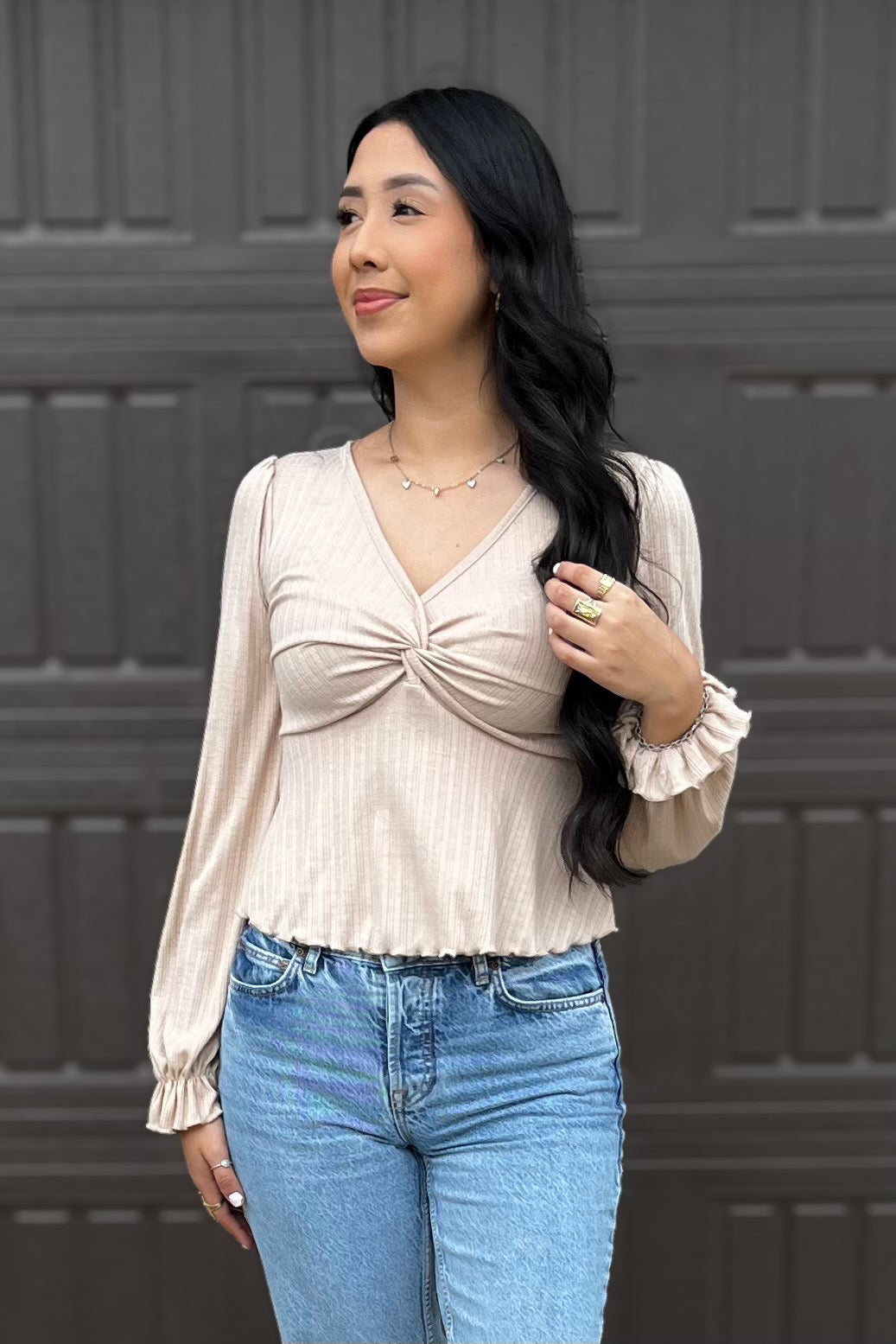 "Stonewall" Cropped Wrap Top in Beige