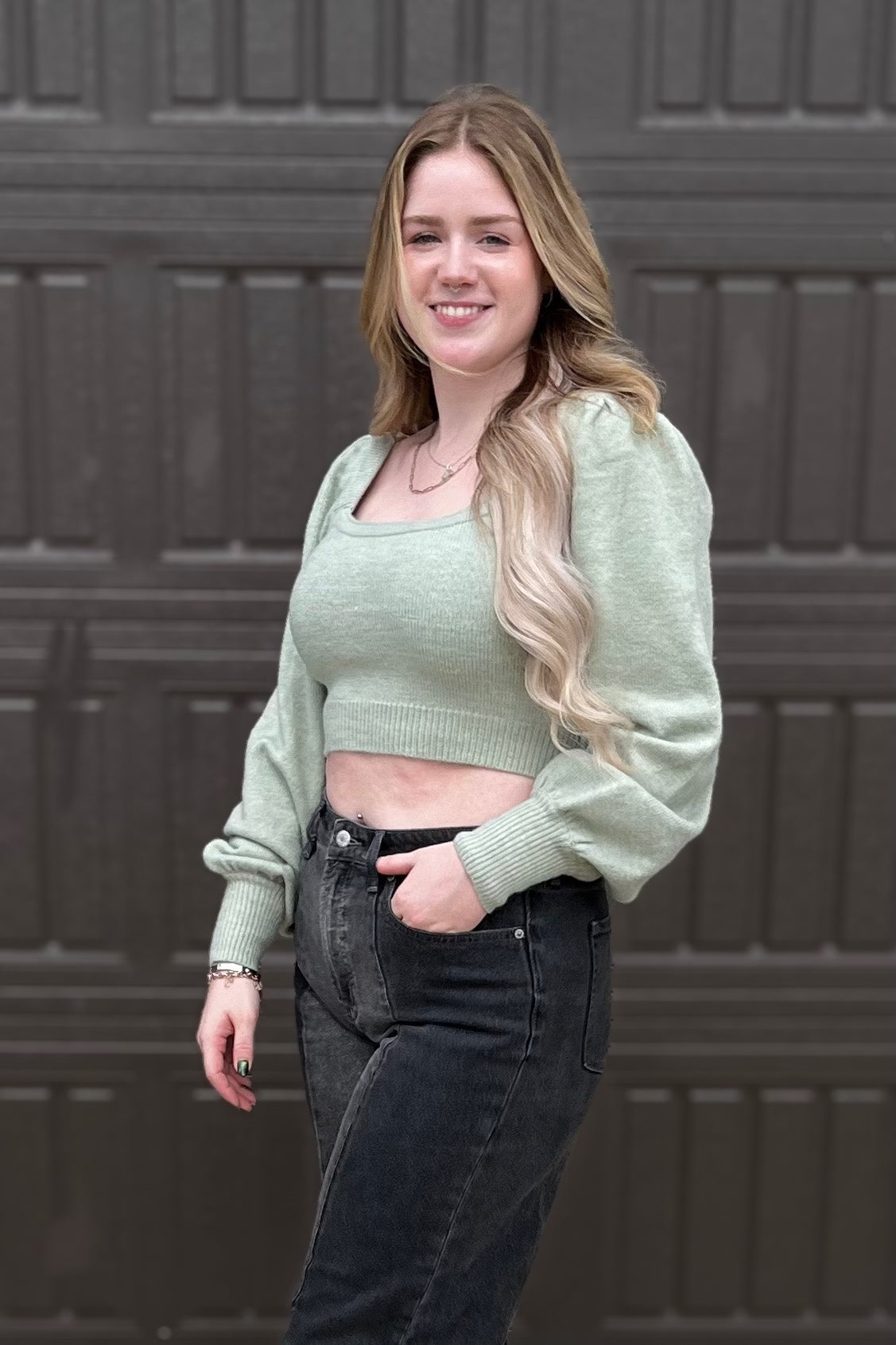 "Lydia" in Light Sage Cropped Sweater